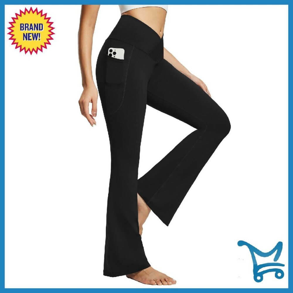High Waist V-Cross Flare Leggings with Pockets, Yoga Workout Pants